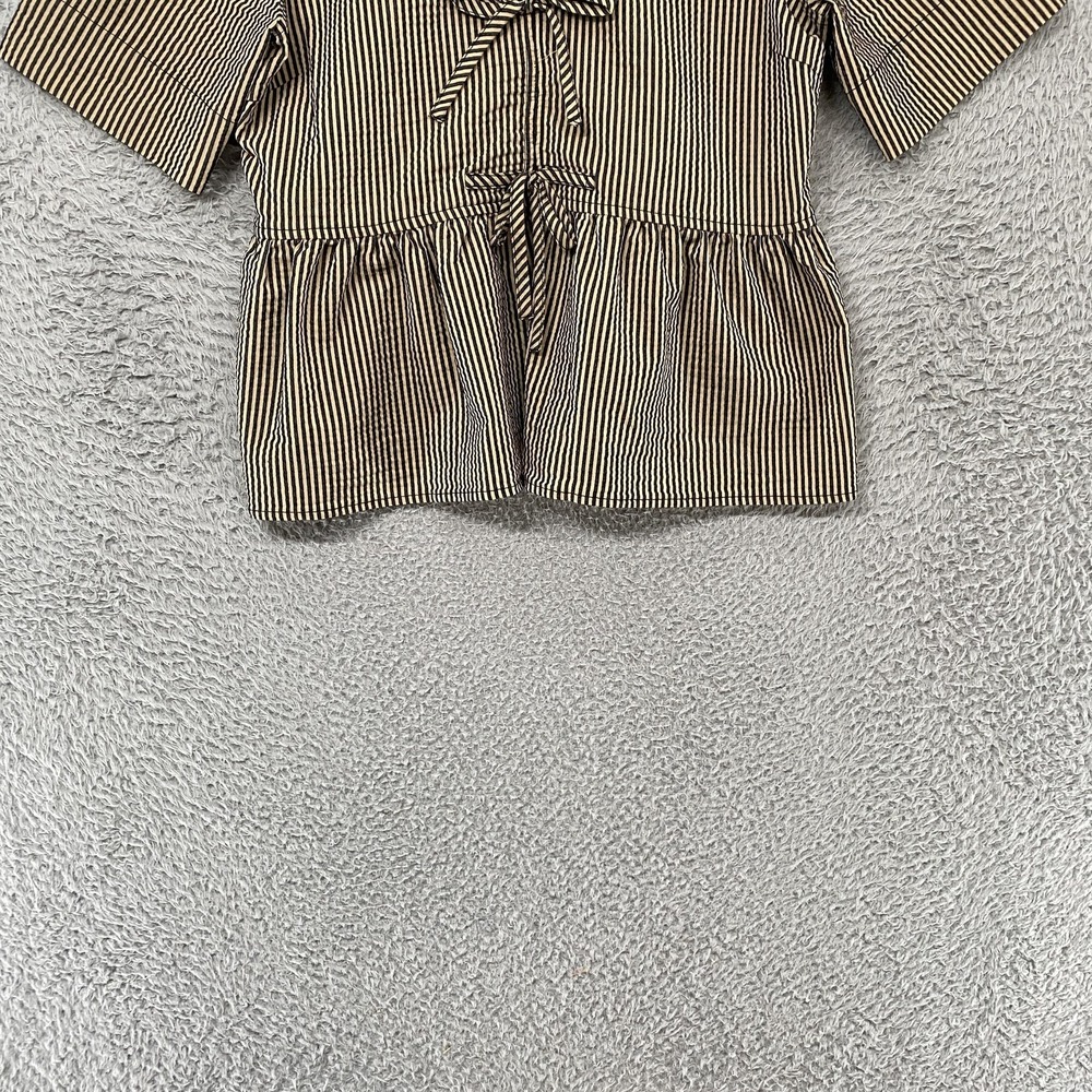 Ganni Seersucker Tie Top Womens 38 Striped Peplum Bow Ruffle Short Sleeve Beige - Picture 2 of 13